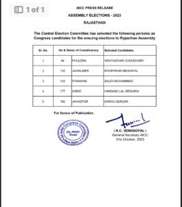 Congress 5th List Rajasthan